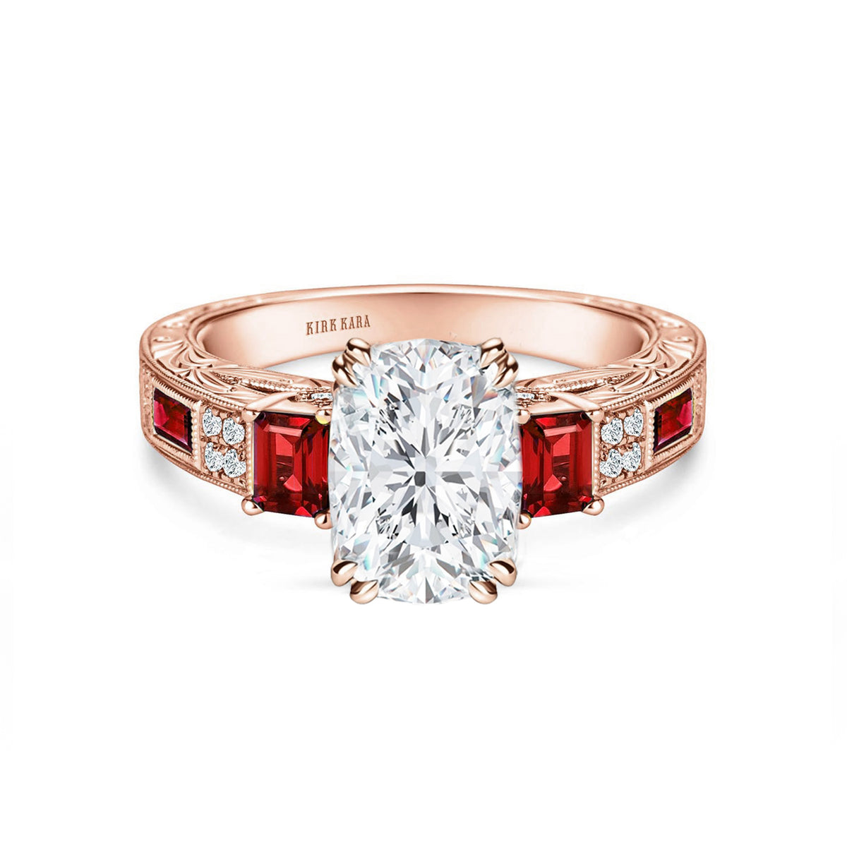 Deco Three Stone Engraved Ruby Baguette Diamond Engagement Ring