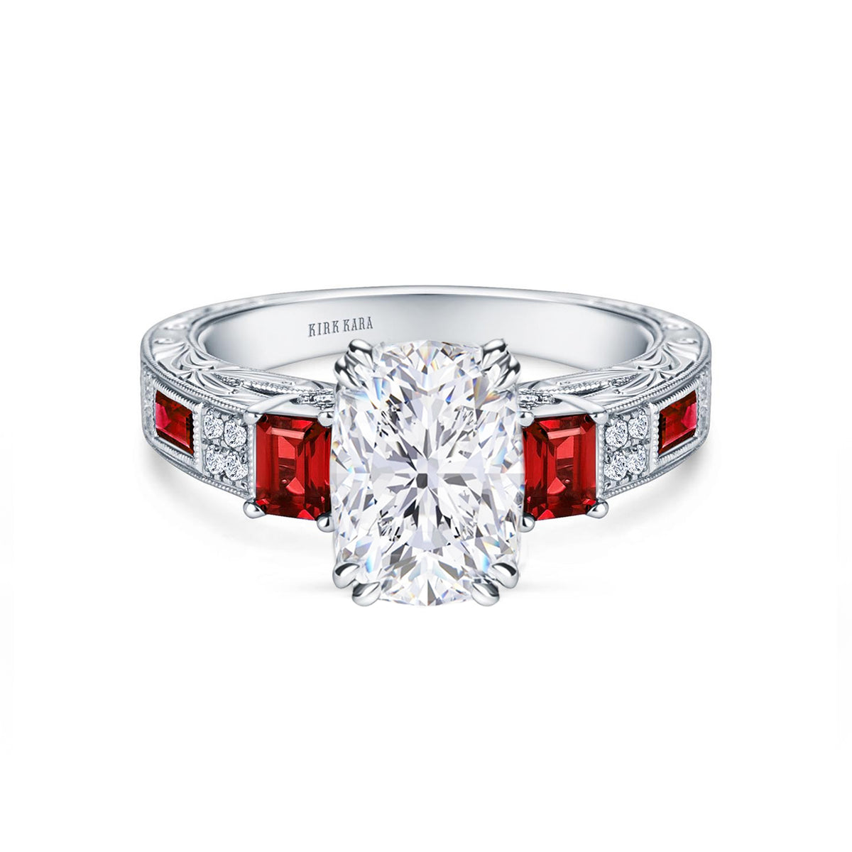 Deco Three Stone Engraved Ruby Baguette Diamond Engagement Ring