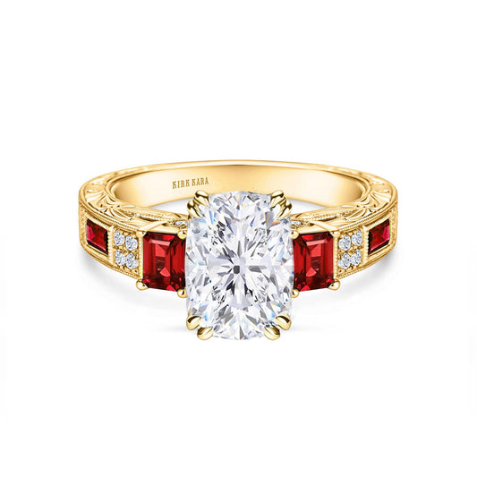 View of deco three-stone engraved ruby baguette diamond engagement ring.