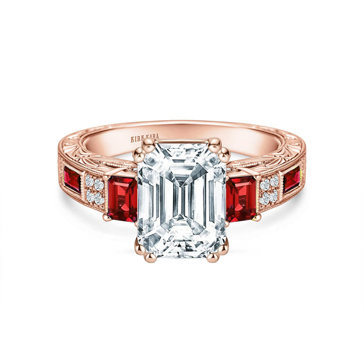 Deco Three Stone Engraved Ruby Baguette Diamond Engagement Ring