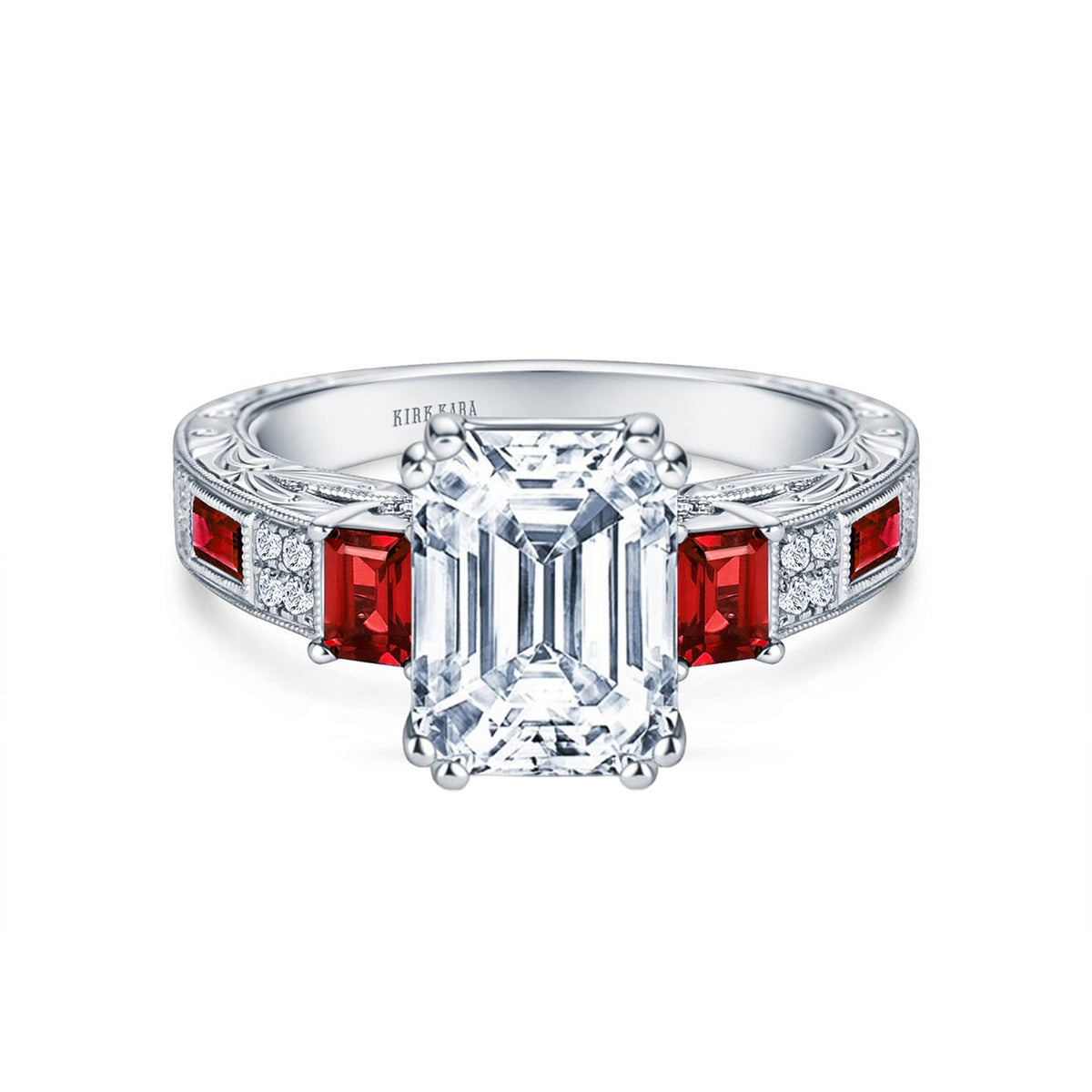 Deco Three Stone Engraved Ruby Baguette Diamond Engagement Ring