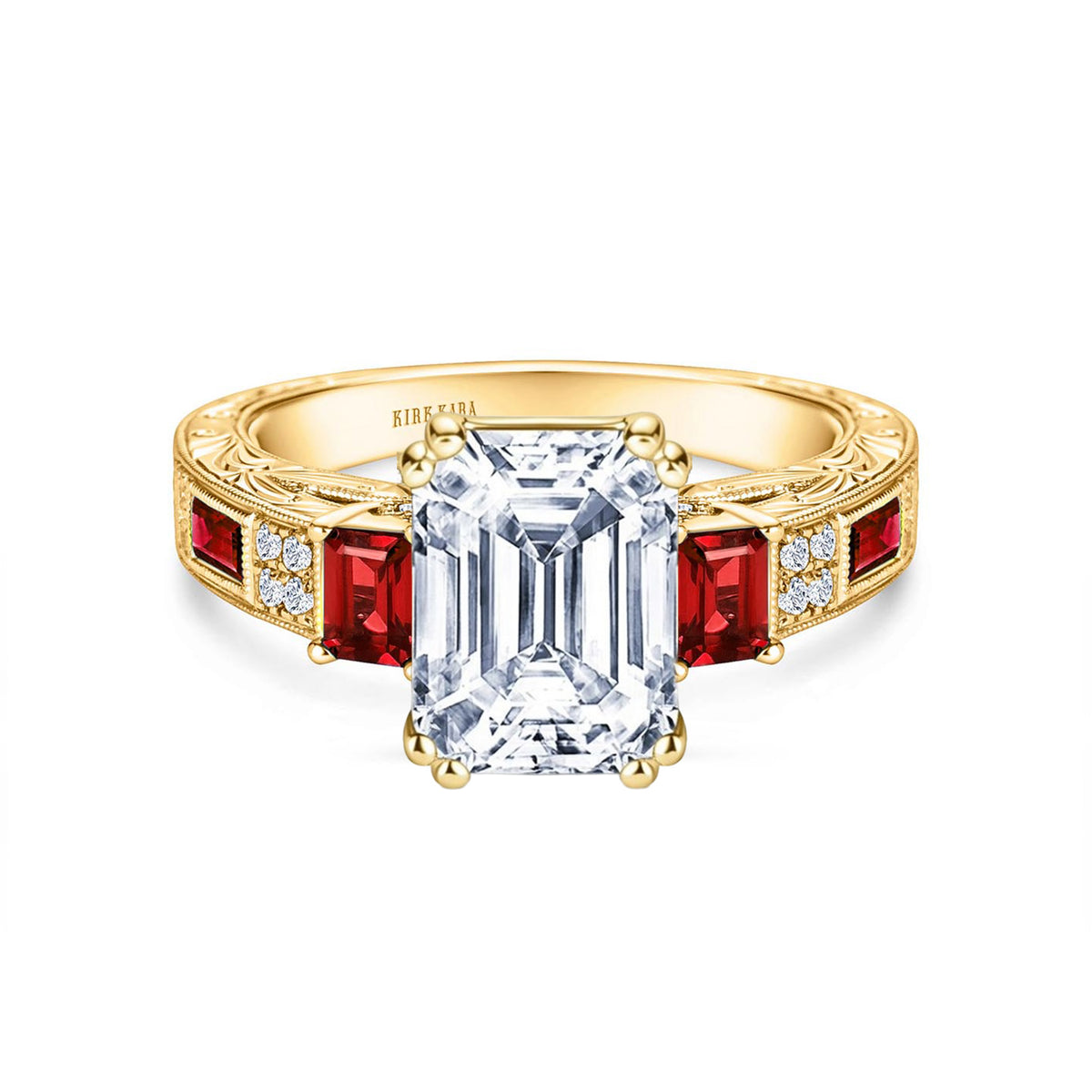 Deco Three Stone Engraved Ruby Baguette Diamond Engagement Ring