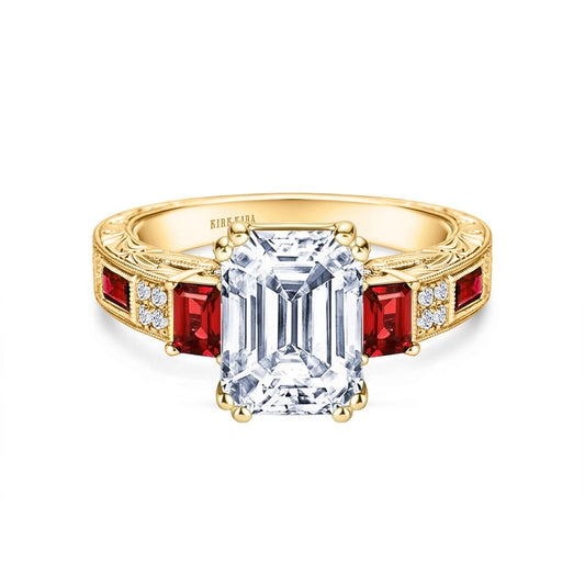 Deco Three Stone Engraved Ruby Baguette Diamond Engagement Ring