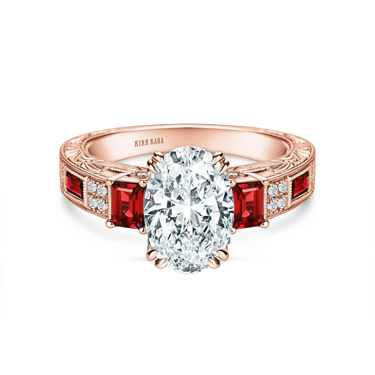 Deco Three Stone Engraved Ruby Baguette Diamond Engagement Ring