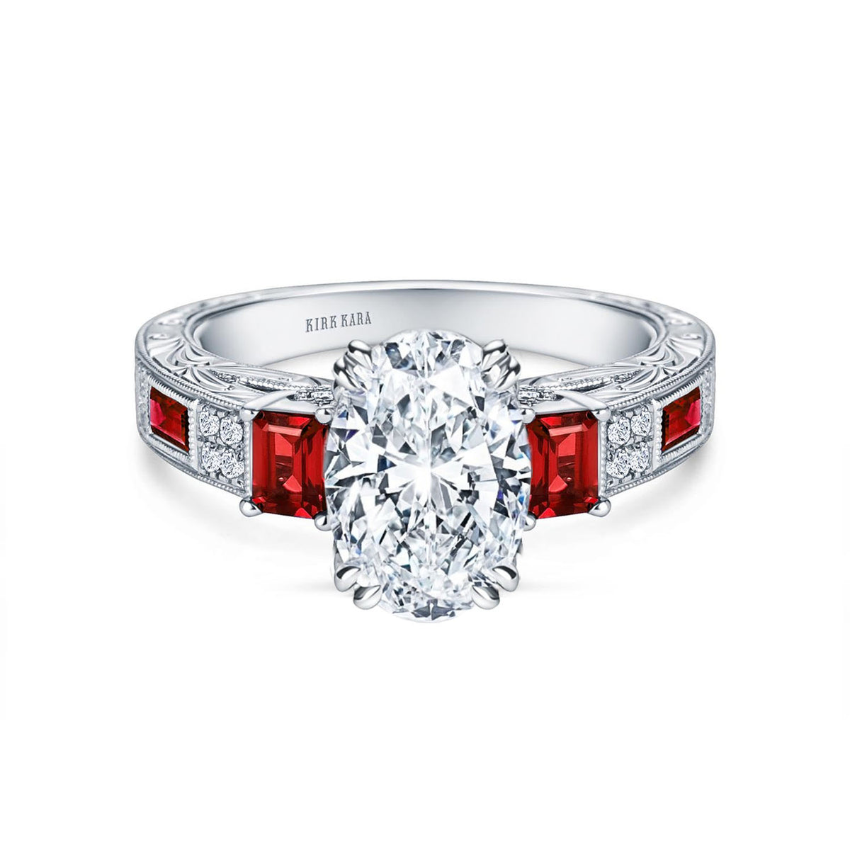 Deco Three Stone Engraved Ruby Baguette Diamond Engagement Ring