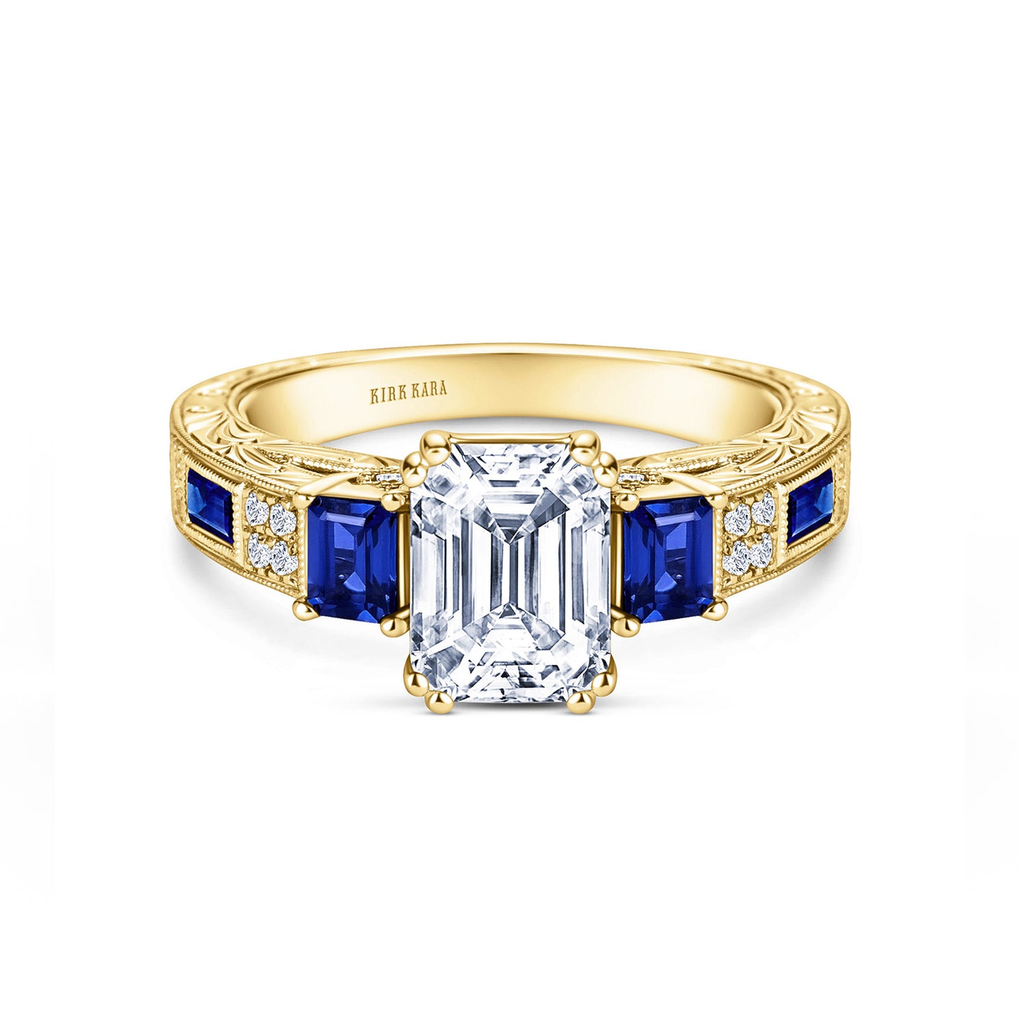 Deco Three Stone Engraved Blue Sapphire Baguette Diamond Engagement Ring