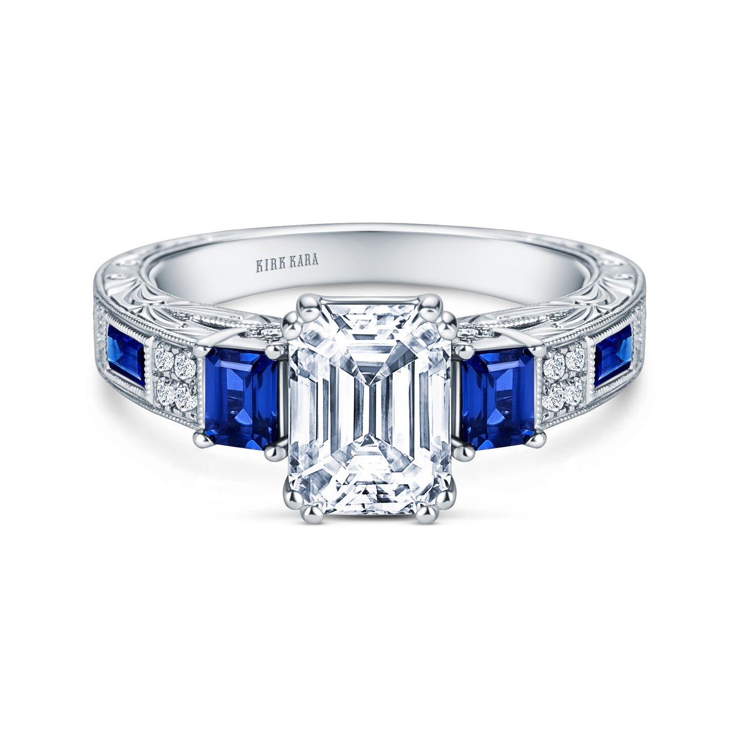 Deco Three Stone Engraved Blue Sapphire Baguette Diamond Engagement Ring