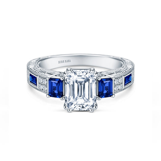 Deco Three Stone Engraved Blue Sapphire Baguette Diamond Engagement Ring