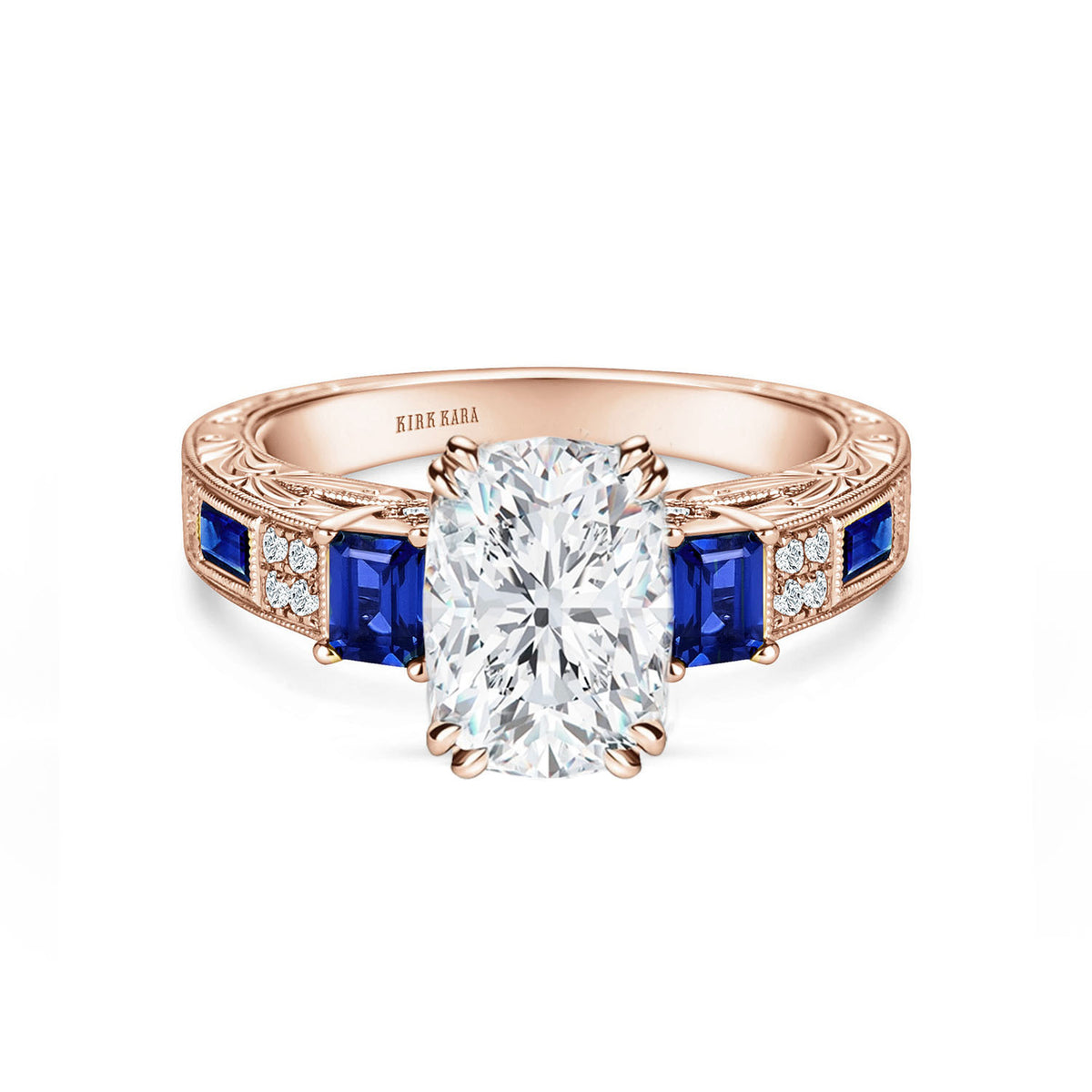 View of deco three-stone engraved sapphire baguette diamond engagement ring.