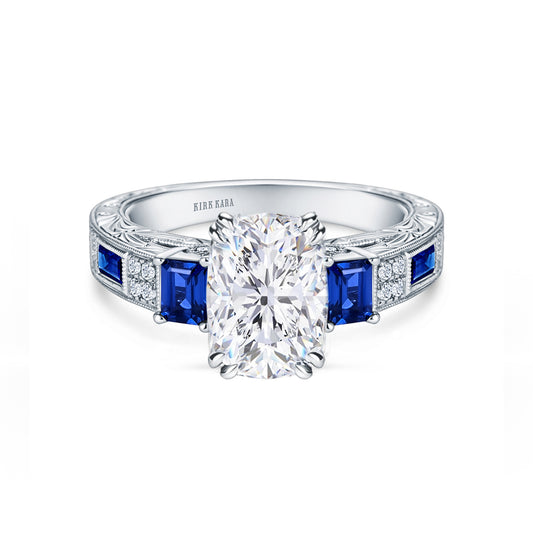 View of deco three-stone engraved sapphire baguette diamond engagement ring.