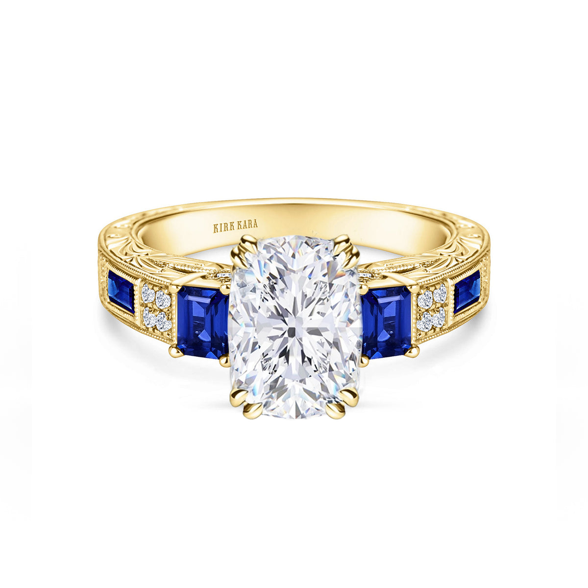 View of deco three-stone engraved sapphire baguette diamond engagement ring.