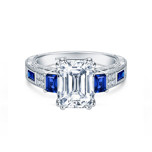 Deco Three Stone Engraved Blue Sapphire Baguette Diamond Engagement Ring