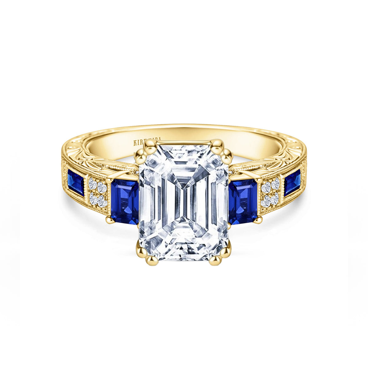 View of deco three-stone engraved sapphire baguette diamond engagement ring.