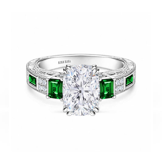 View of deco three-stone engraved tsavorite baguette diamond engagement ring.