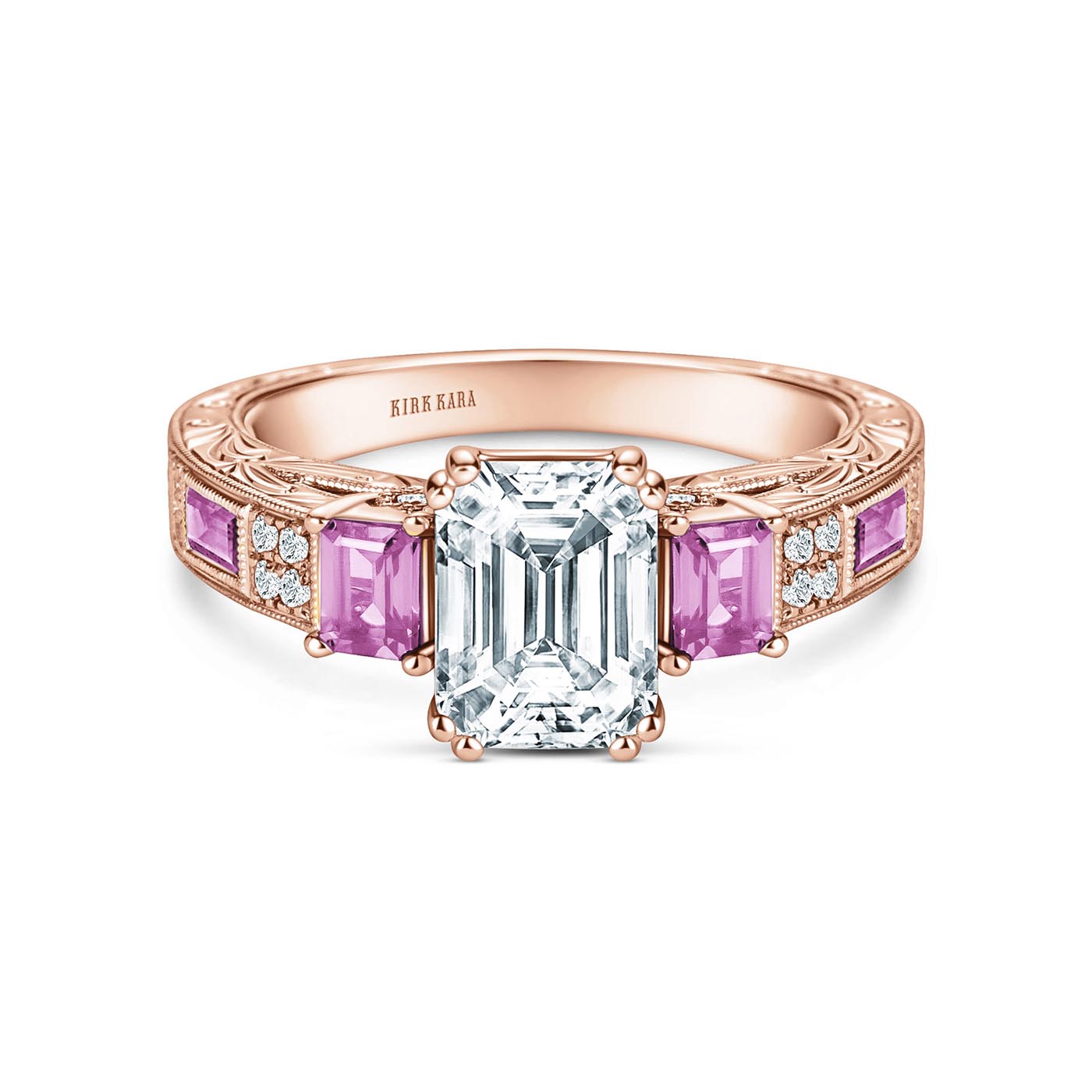 Deco Three Stone Engraved Pink Sapphire Baguette Diamond Engagement Ring