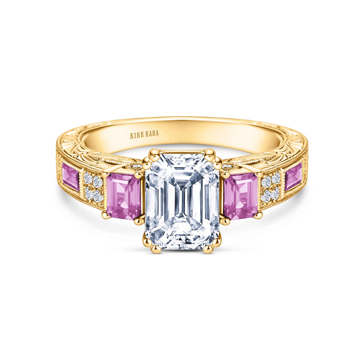 Deco Three Stone Engraved Pink Sapphire Baguette Diamond Engagement Ring