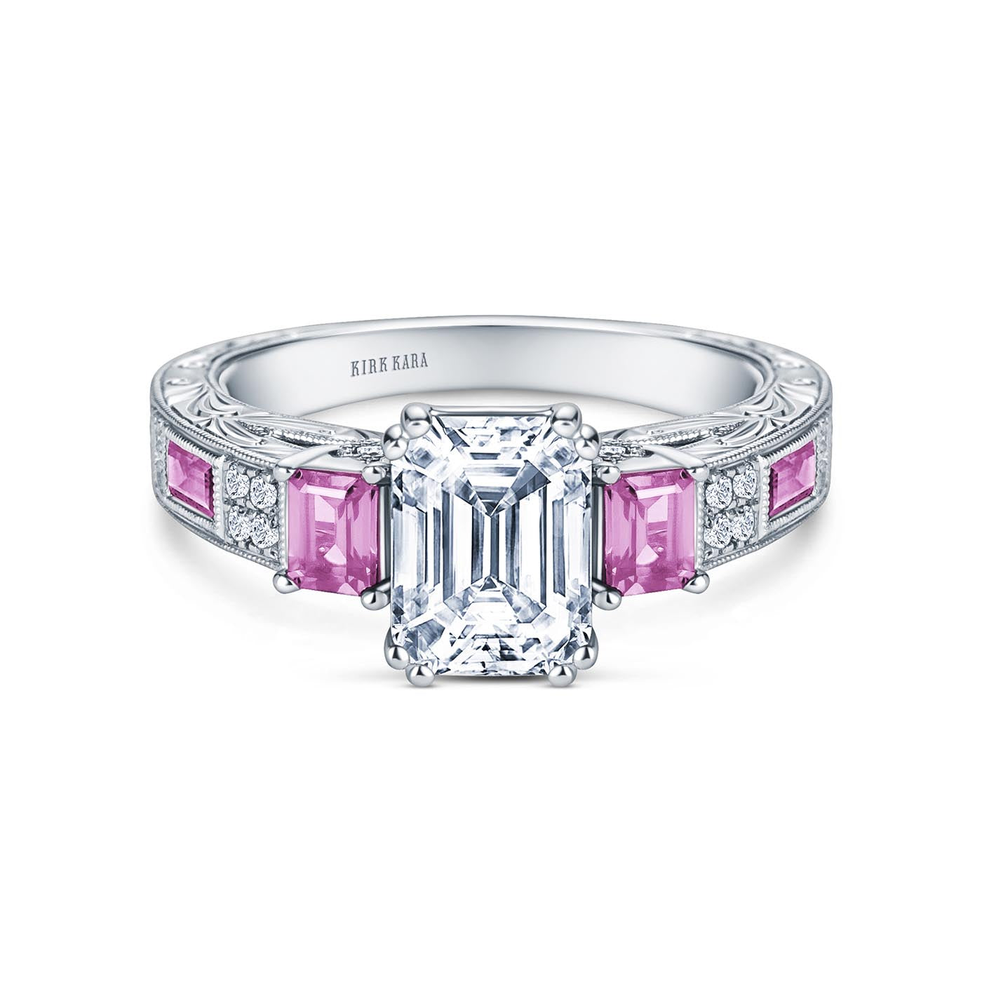 Deco Three Stone Engraved Pink Sapphire Baguette Diamond Engagement Ring