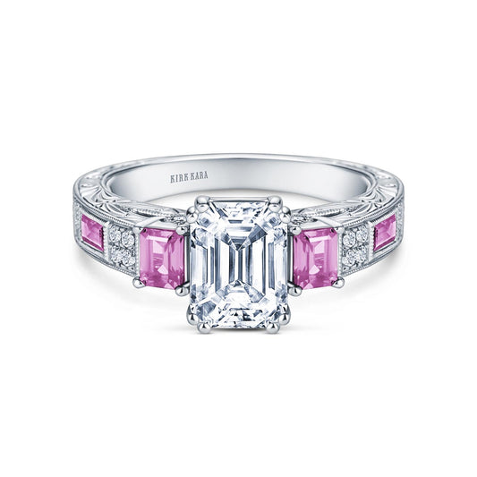 Deco Three Stone Engraved Pink Sapphire Baguette Diamond Engagement Ring