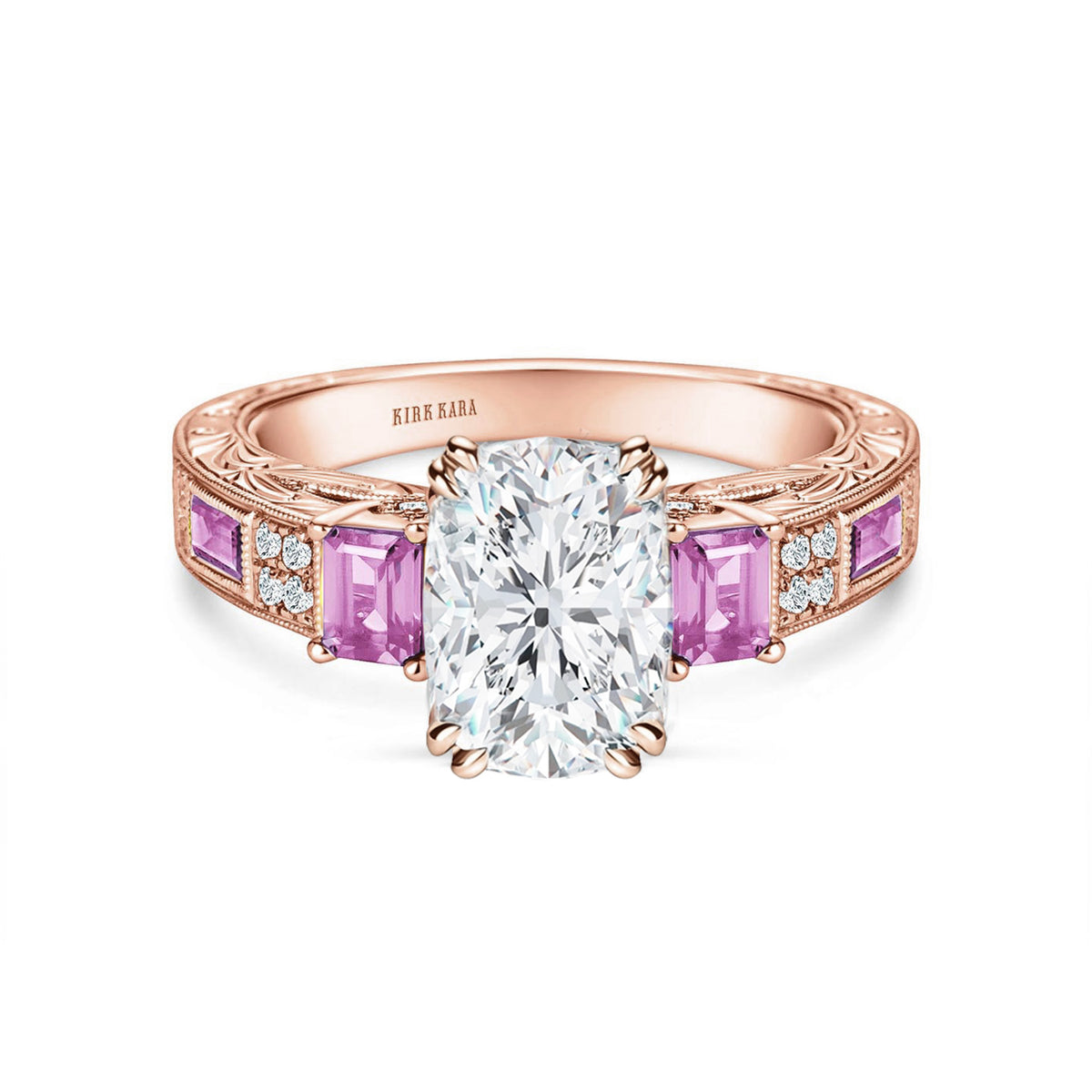 View of deco three-stone engraved sapphire baguette diamond engagement ring.