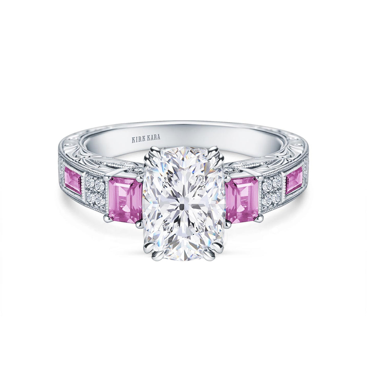 View of deco three-stone engraved sapphire baguette diamond engagement ring.
