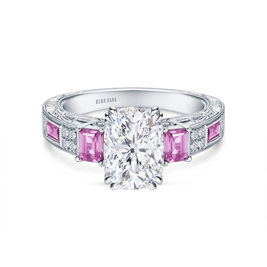 View of deco three-stone engraved sapphire baguette diamond engagement ring.