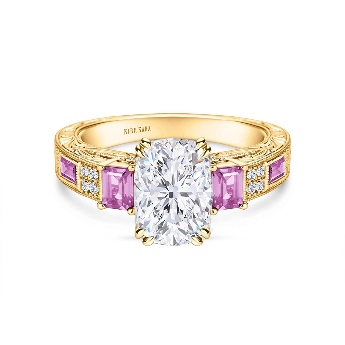 View of deco three-stone engraved sapphire baguette diamond engagement ring.