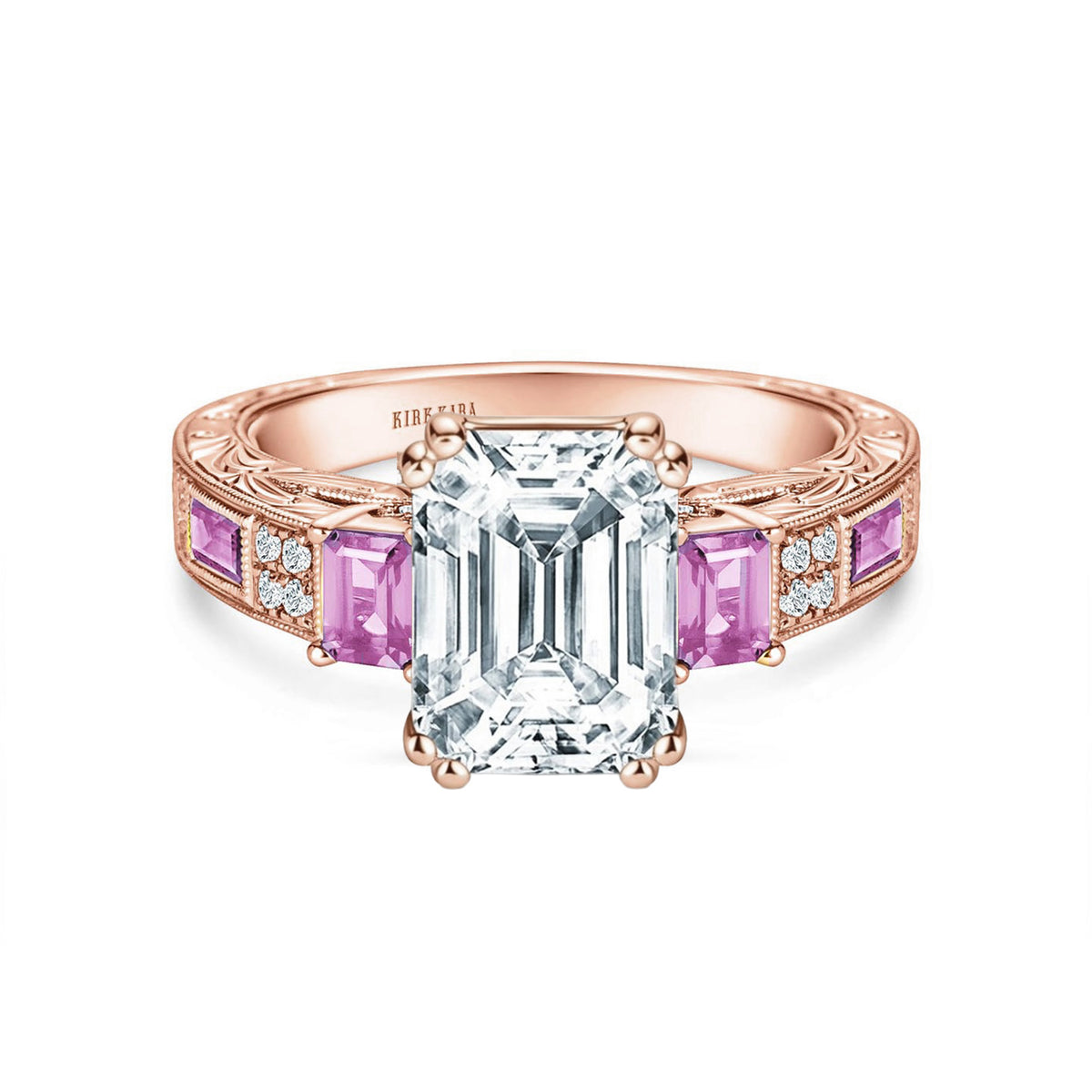 View of deco three-stone engraved sapphire baguette diamond engagement ring.