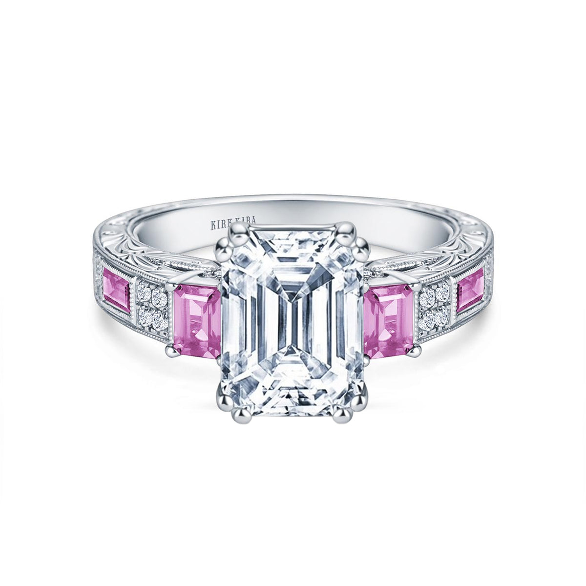 View of deco three-stone engraved sapphire baguette diamond engagement ring.