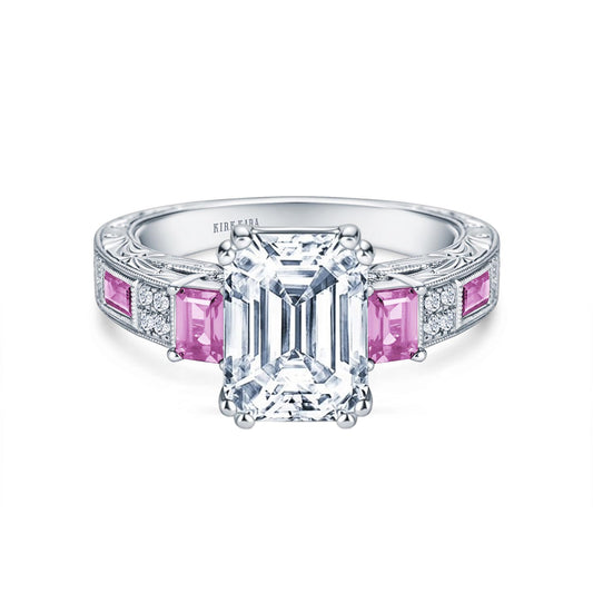 Deco Three Stone Engraved Pink Sapphire Baguette Diamond Engagement Ring