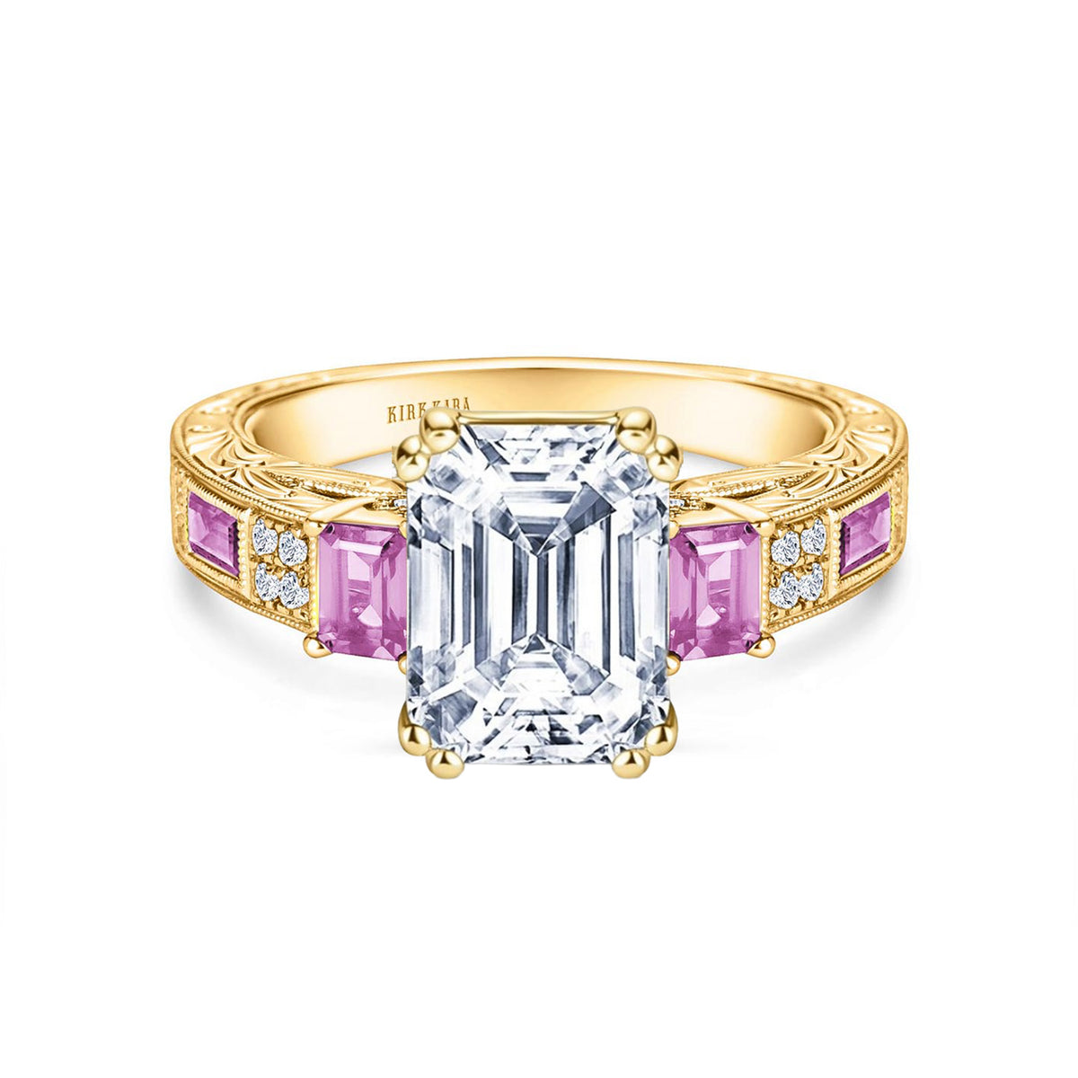 View of deco three-stone engraved sapphire baguette diamond engagement ring.