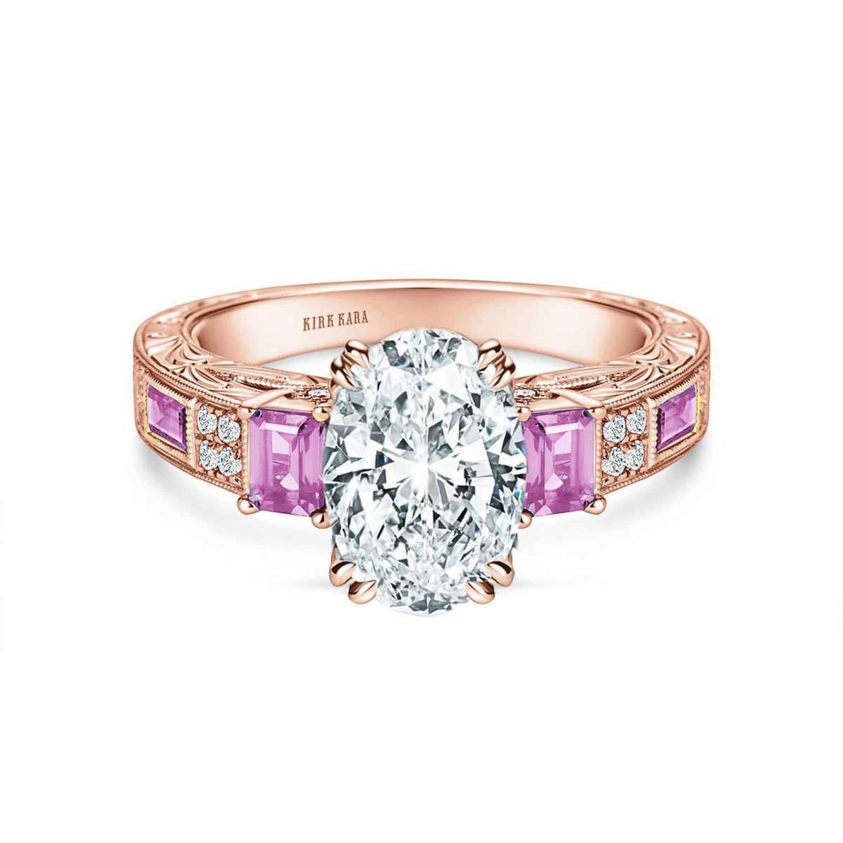 View of deco three-stone engraved sapphire baguette diamond engagement ring.