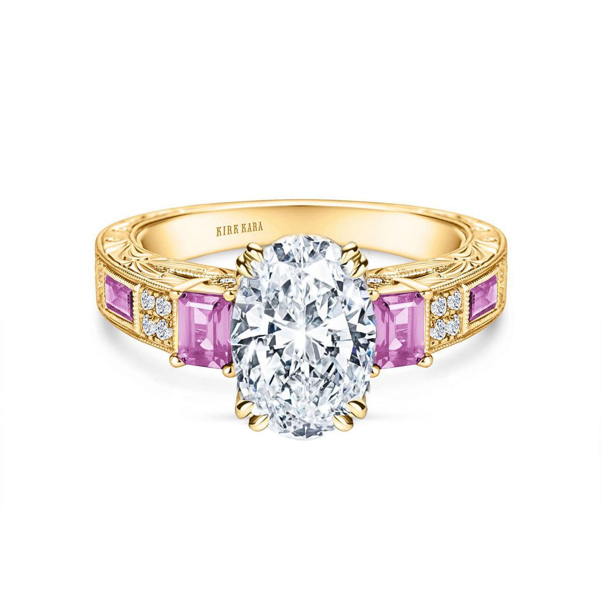 View of deco three-stone engraved sapphire baguette diamond engagement ring.