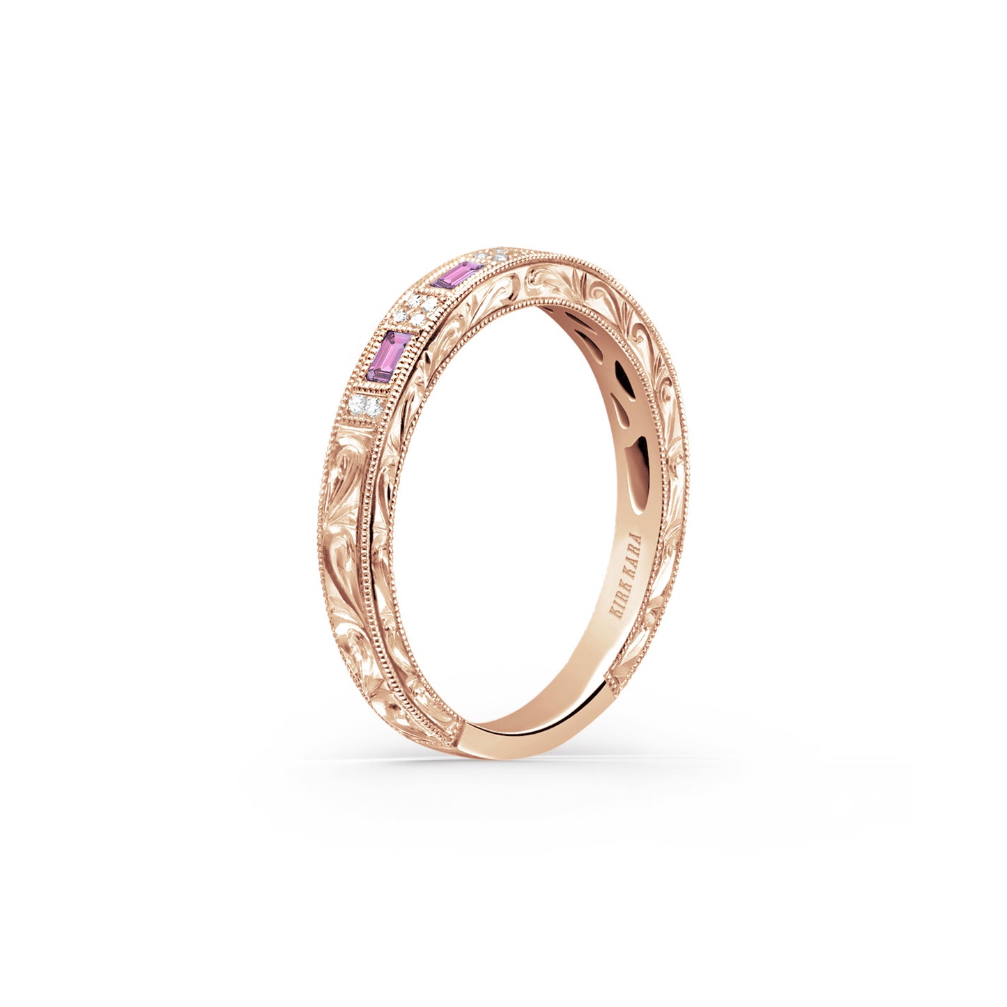 Baguette Pink Sapphire Diamond Scroll Engraved Wedding Band