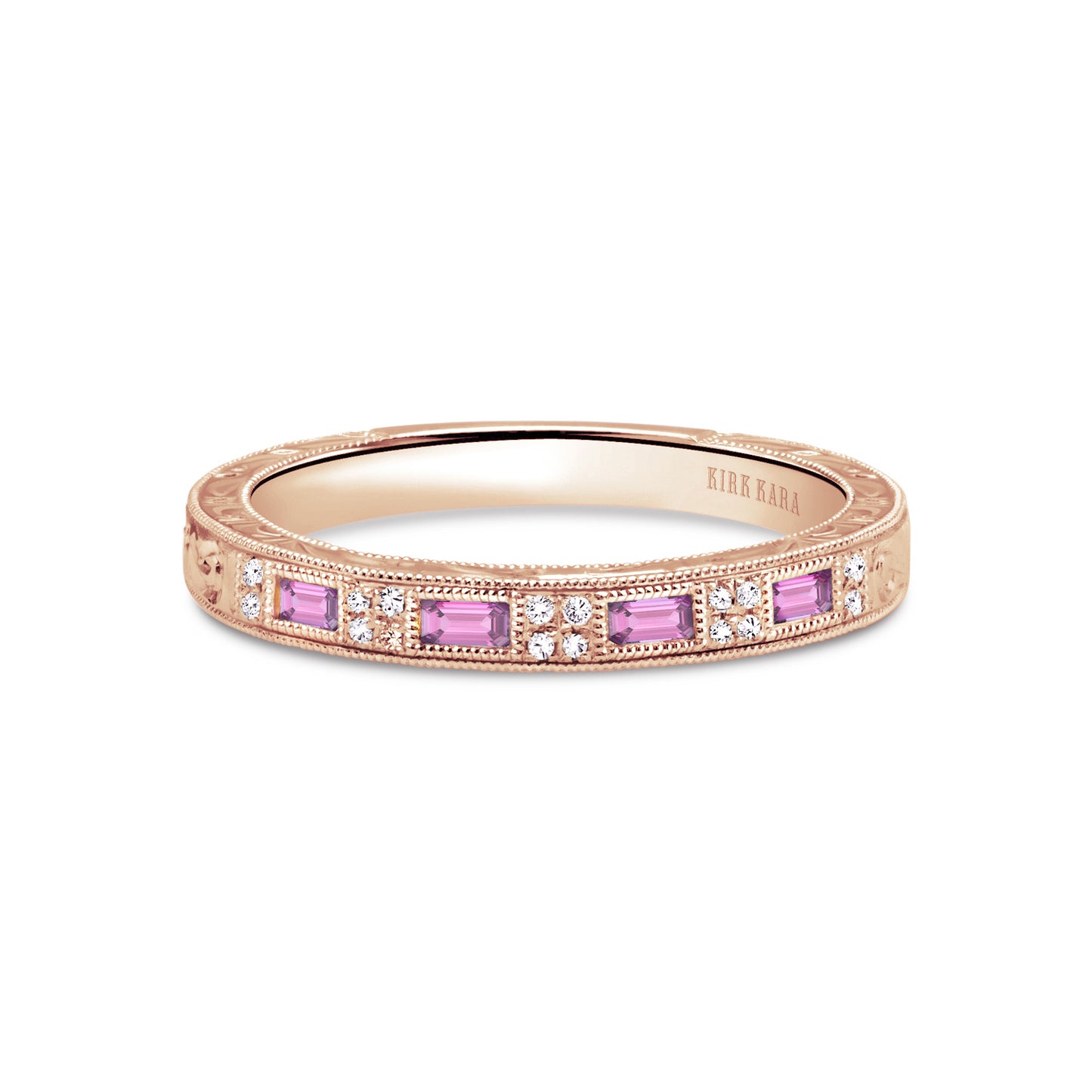 Baguette Pink Sapphire Diamond Scroll Engraved Wedding Band