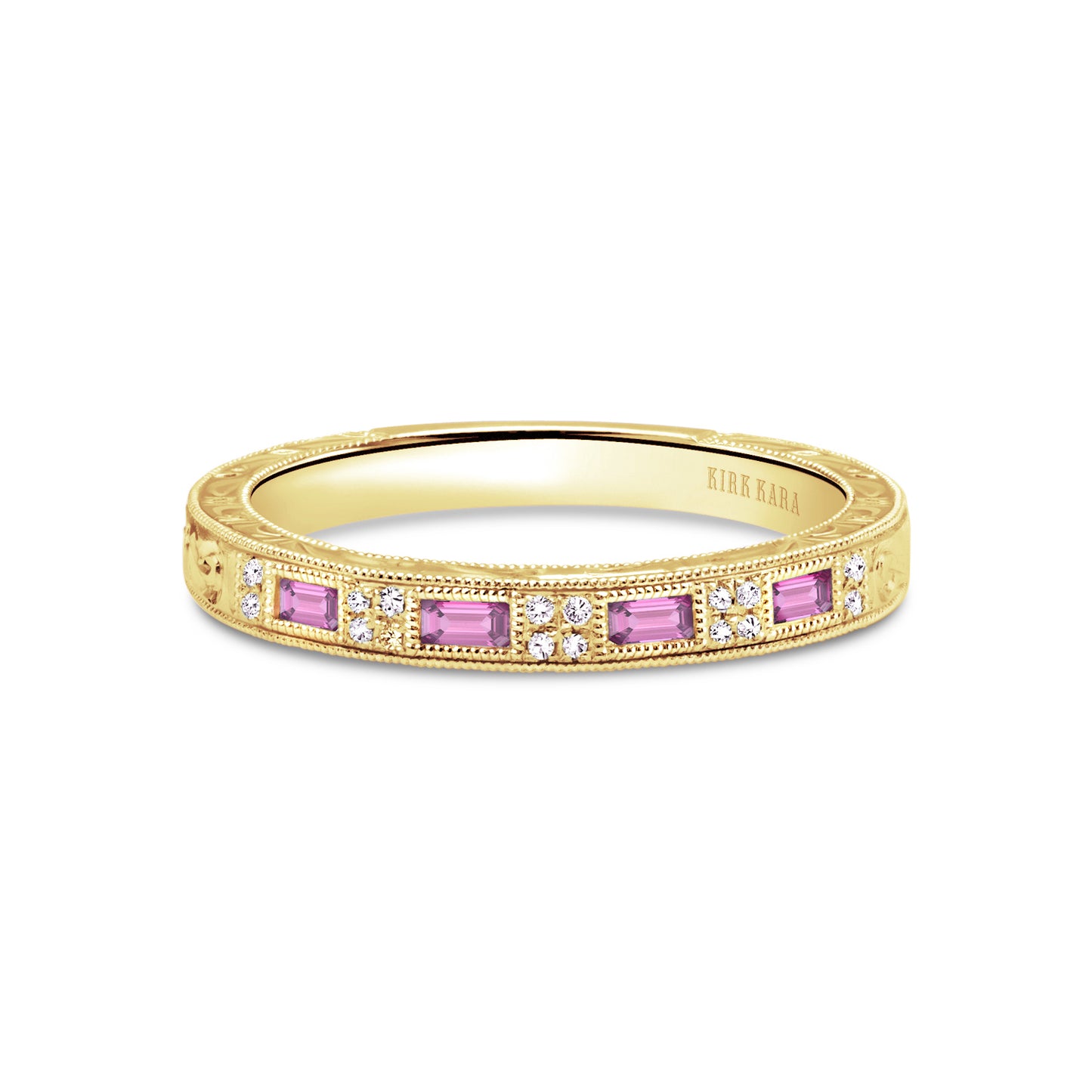 Baguette Pink Sapphire Diamond Scroll Engraved Wedding Band