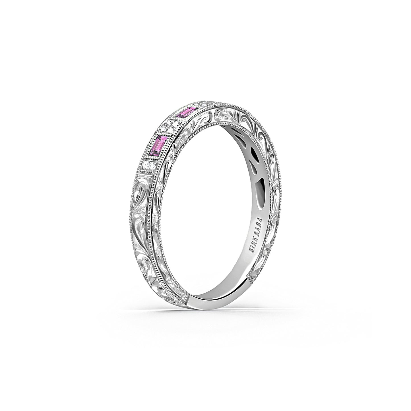 Baguette Pink Sapphire Diamond Scroll Engraved Wedding Band