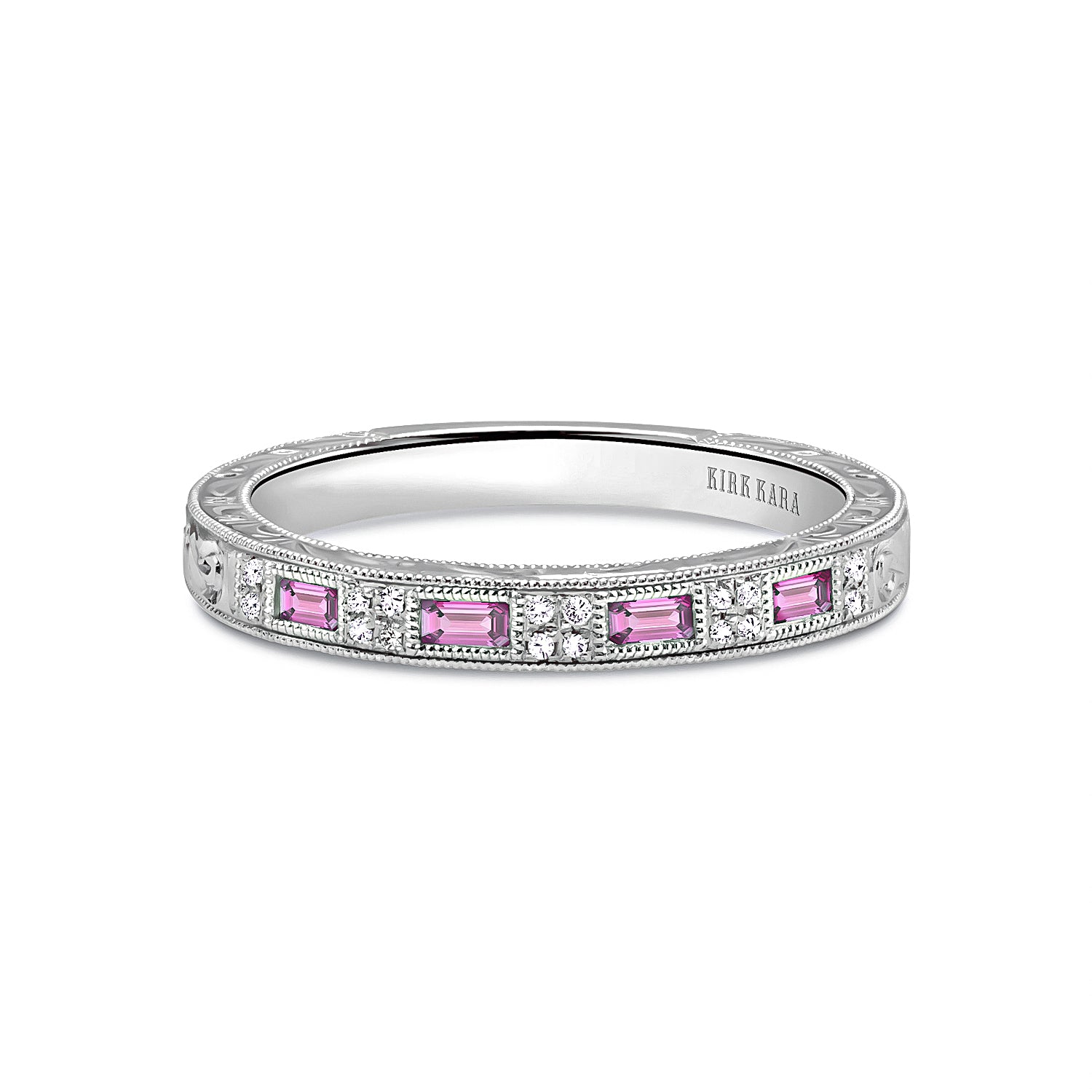 Baguette Pink Sapphire Diamond Scroll Engraved Wedding Band