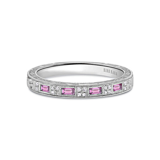 Baguette Pink Sapphire Diamond Scroll Engraved Wedding Band