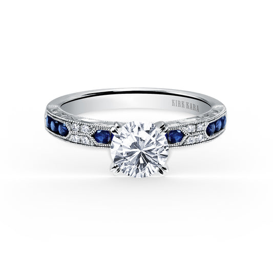 18K White Gold Channel Set Artful Blue Sapphire Diamond Engagement Ring