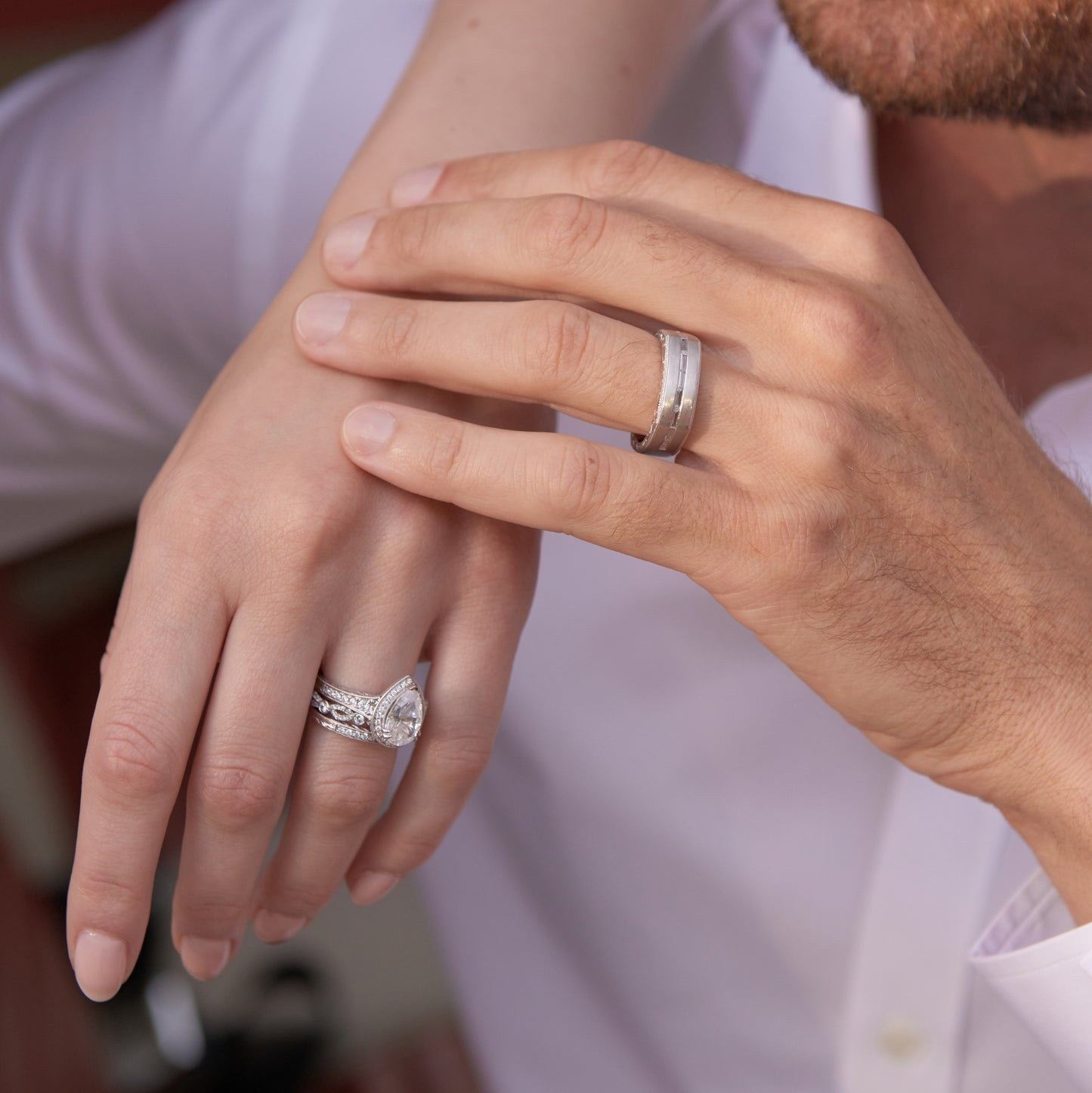 Square Baguette Diamond Engraved Wedding Band, 7mm