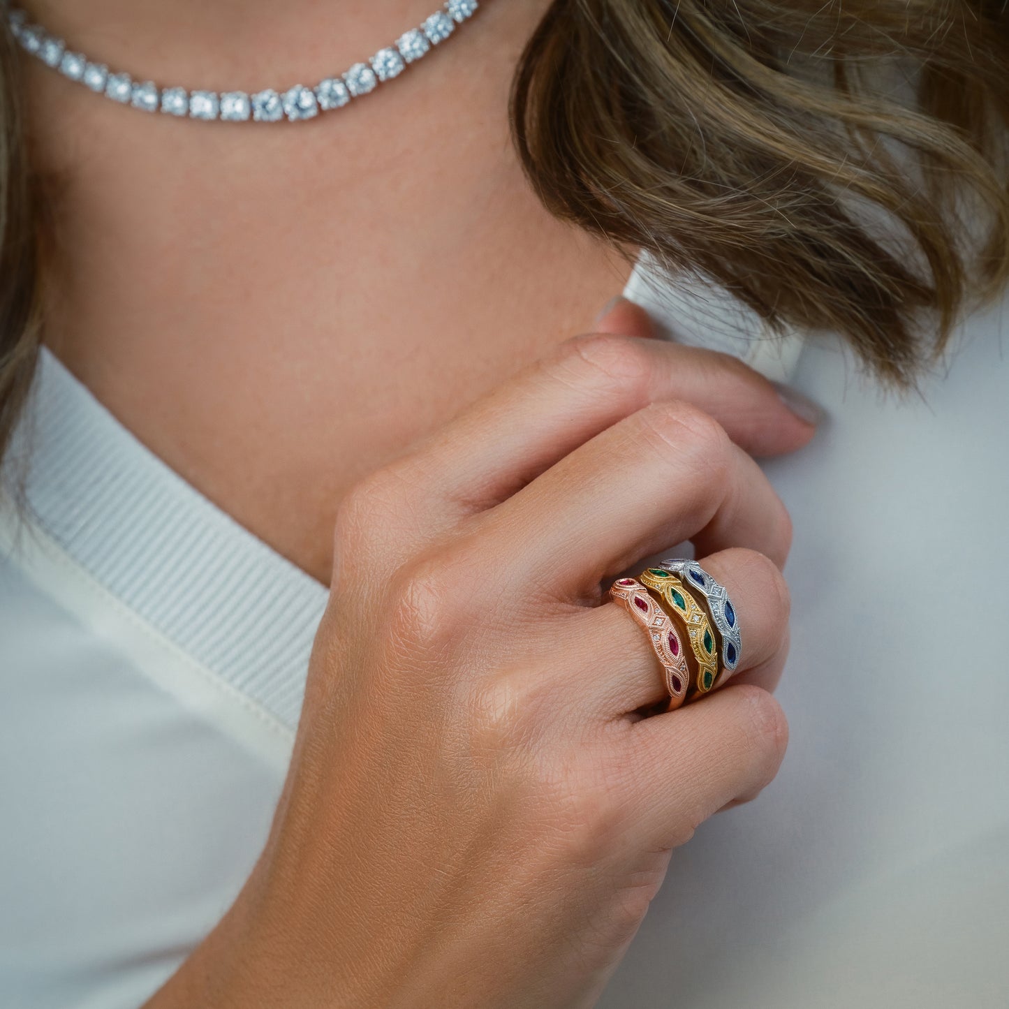 Botanical Floral Blue Sapphire Marquise Diamond Wedding Band