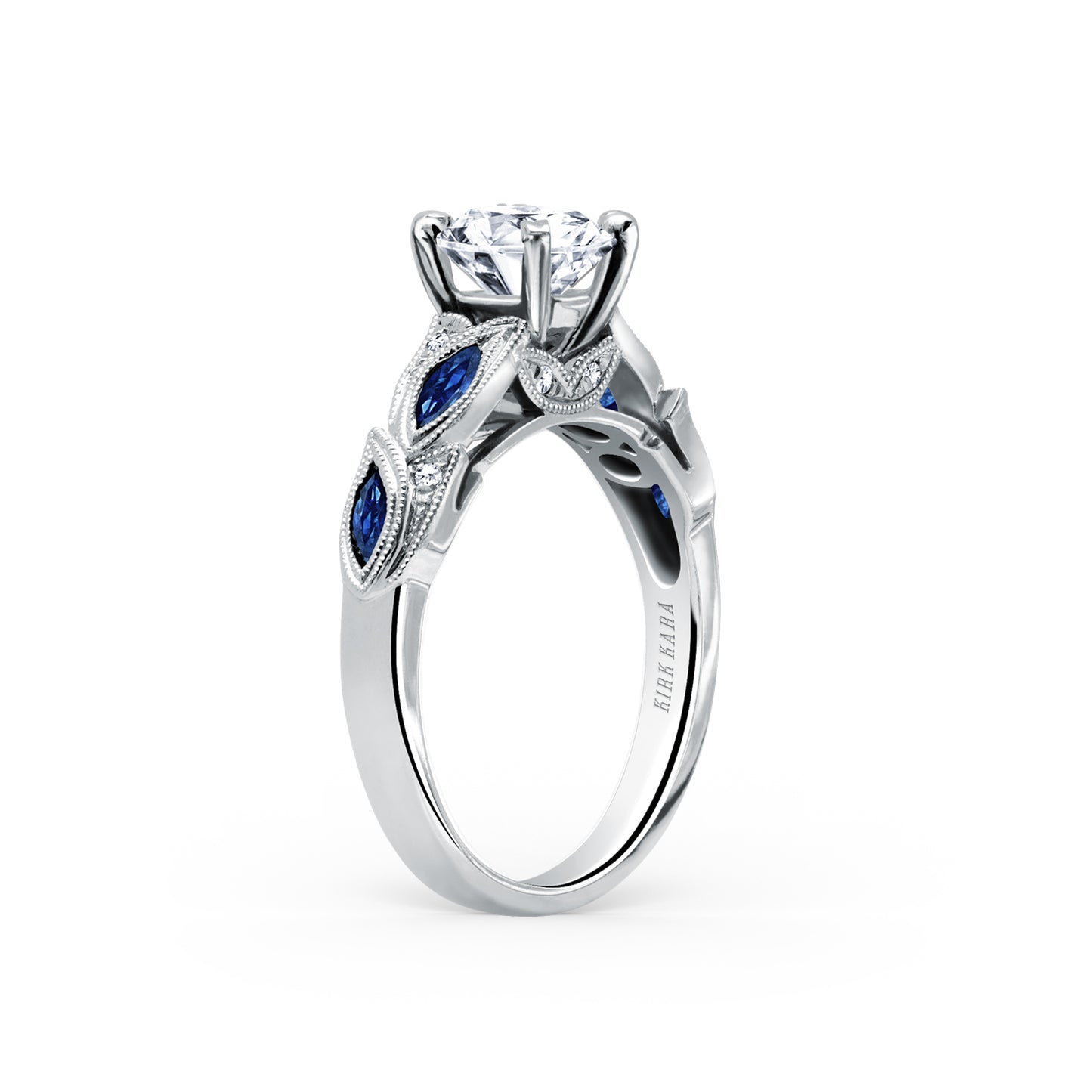 18K White Gold Botanical Floral Blue Sapphire Marquise Diamond Engagement Ring