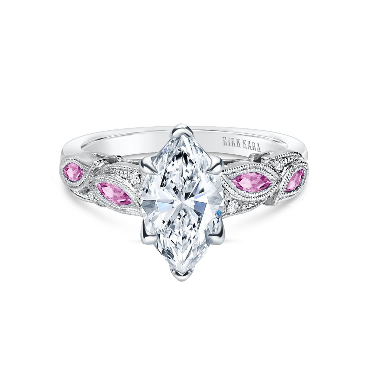 Botanical Floral Pink Sapphire Marquise Diamond Engagement Ring