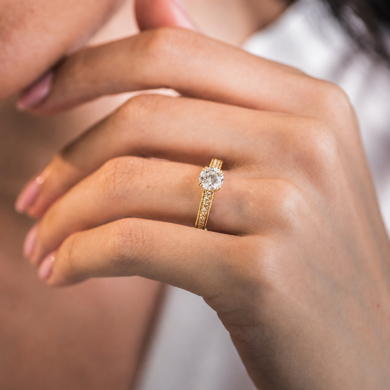 Classic Engraved Pavé Diamond Engagement Ring