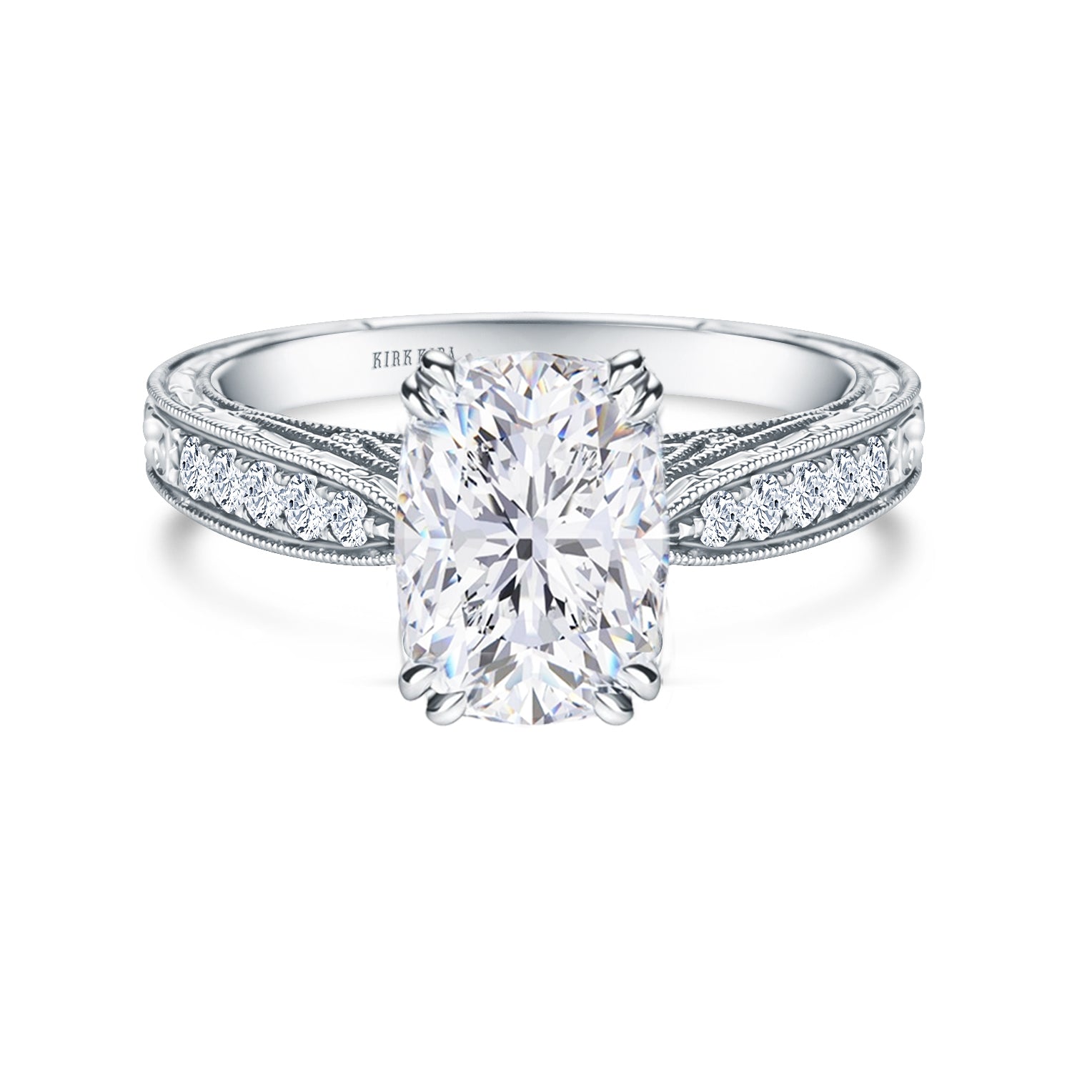 View of hand-engraved vintage inspired diamond solitaire engagement ring.