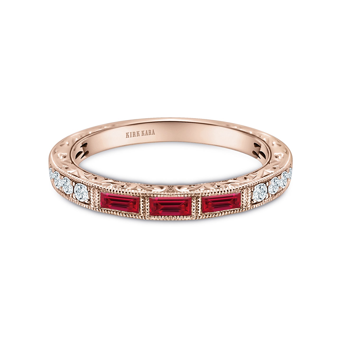 Baguette Engraved Ruby Diamond Wedding Band