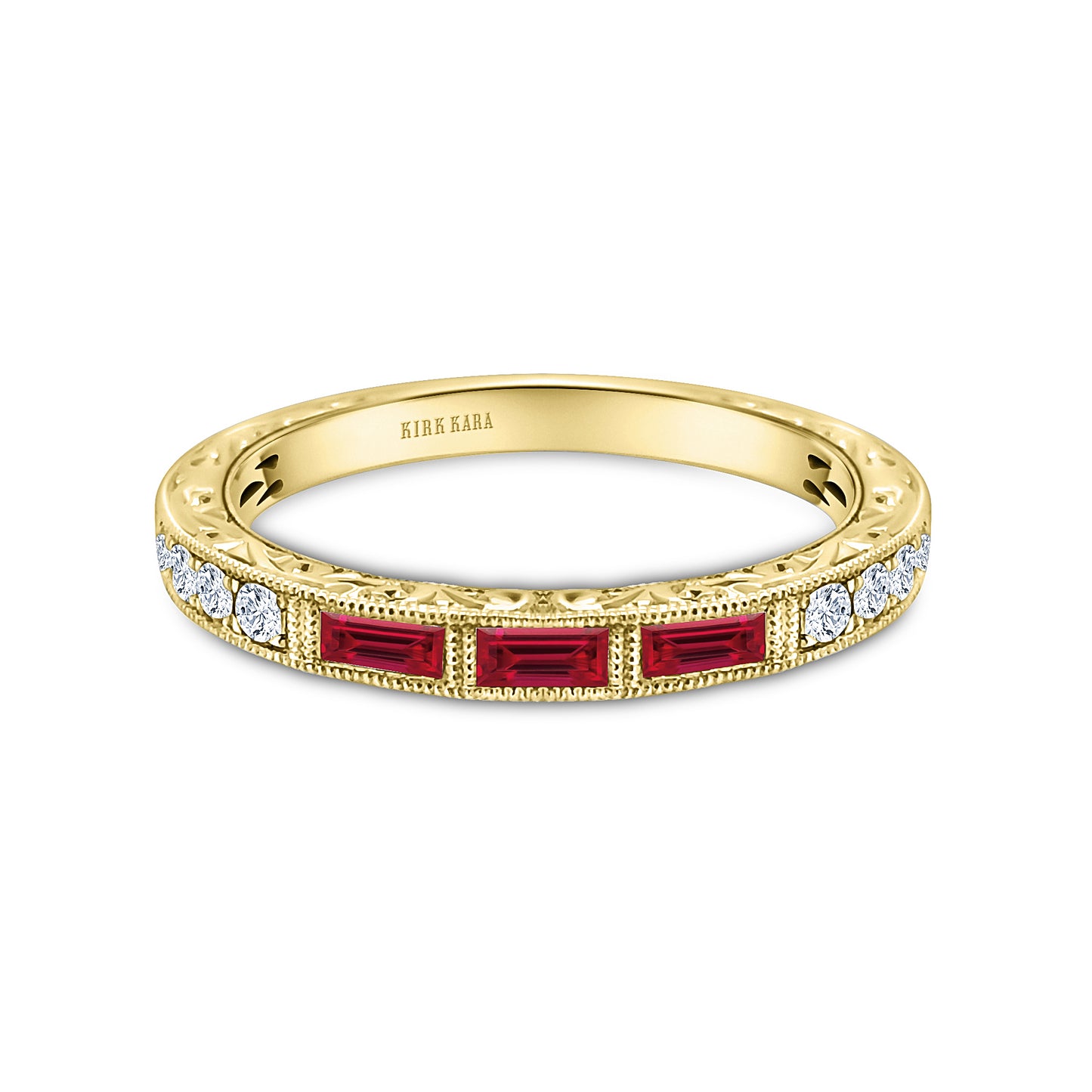 Baguette Engraved Ruby Diamond Wedding Band