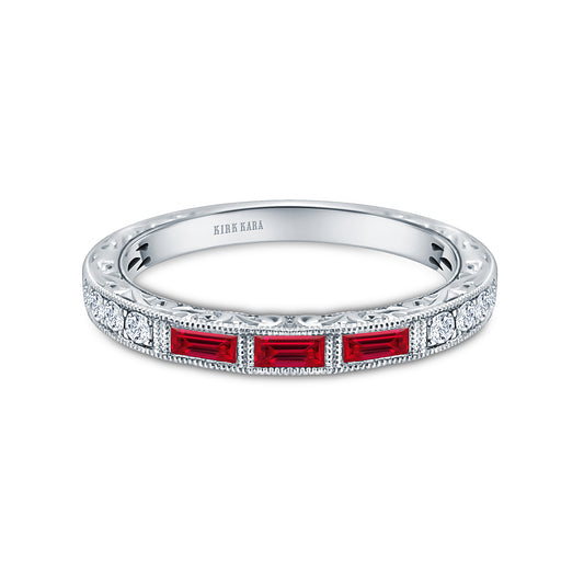 Baguette Engraved Ruby Diamond Wedding Band