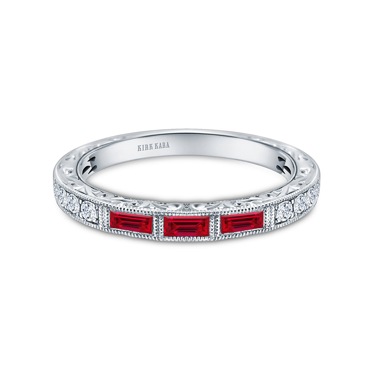 Baguette Engraved Ruby Diamond Wedding Band – Kirk Kara