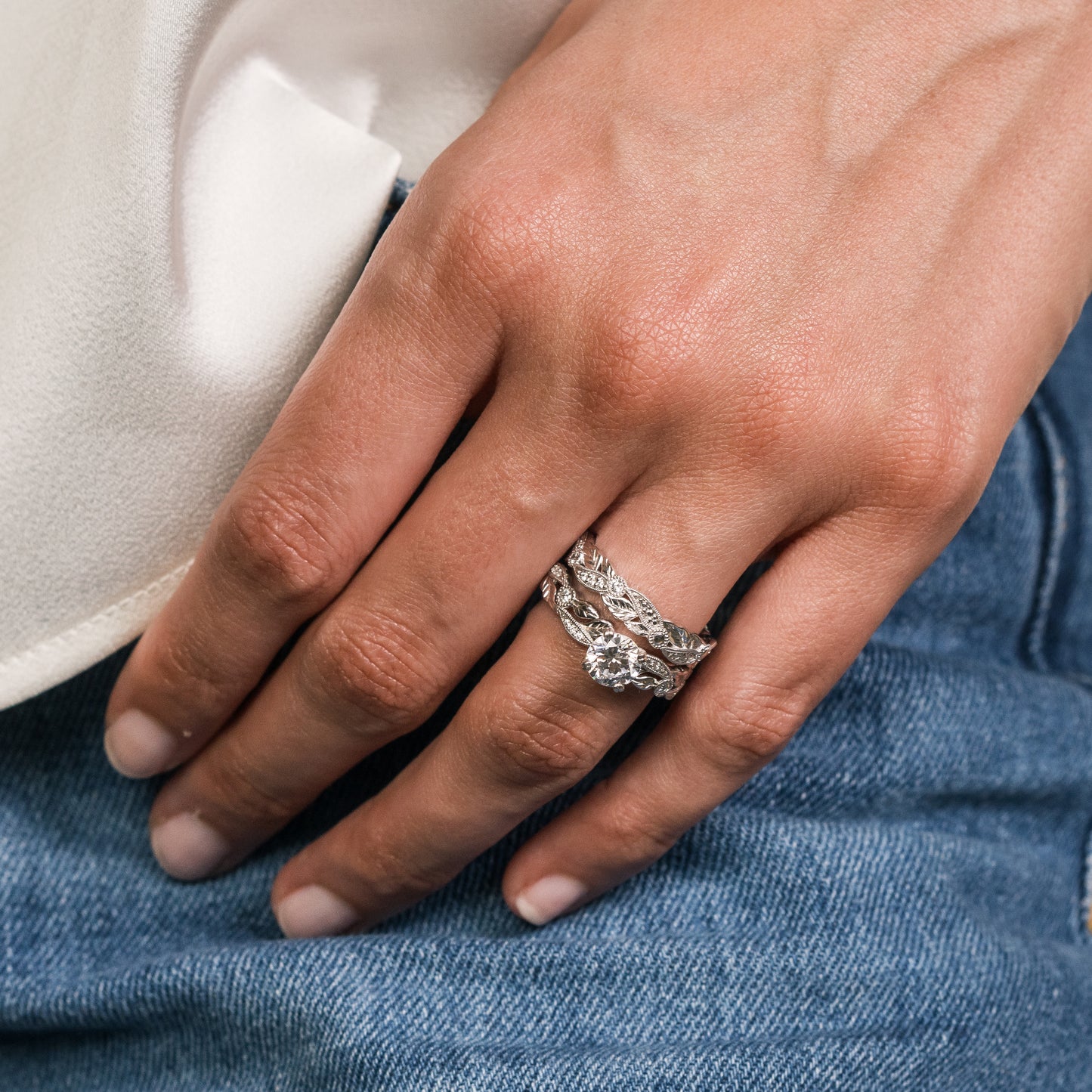 Floral Leaf Engraved Diamond Engagement Ring